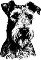 A striking black and white illustration of a wire fox terrier s head, captured in a detailed and expressive style vector