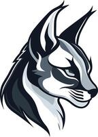 A striking black and white illustration of a caracal s head, showcasing its sharp features and intense gaze vector