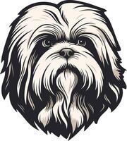 A striking, detailed illustration of a shih tzu s face, rendered in black and white vector