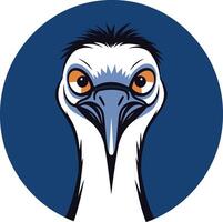 A cartoon illustration of an emu s head, looking directly at the viewer with a serious expression vector