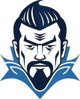 A bold and powerful logo featuring a man s face with a strong jawline and piercing gaze vector
