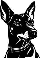 A striking black and white illustration of a dog s head in profile, capturing its alert expression and soulful gaze vector
