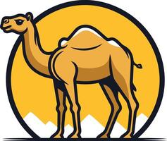A cute cartoon camel illustration in a desert landscape, perfect for branding or logo design vector