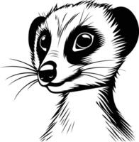 A striking black and white illustration of a meerkat's head, capturing its alert expression and distinctive features vector