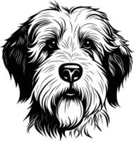A black and white illustration of a dog s head, featuring detailed fur and a friendly expression vector