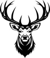 A striking black and white illustration of a stag's head, featuring intricate antlers and a powerful gaze vector