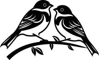 A minimalist black and white illustration of two birds perched on a branch vector