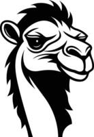 A bold, black and white element illustration of a camel head, perfect for use in branding, logos, or merchandise vector