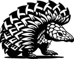 Black and white illustration of a pangolin, a unique and endangered animal, with intricate scales vector