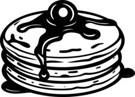 A simple, cartoon illustration of a stack of pancakes with syrup and a cherry on top vector