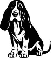 A simple black and white silhouette of a basset hound sitting, perfect for use on apparel, pet products, and other projects vector