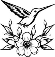 Black and white line art illustration of a hummingbird hovering above a delicate flower, perfect for tattoo design, home decor, and crafting projects vector