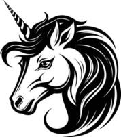 Black and white illustration of a unicorn's head with a flowing mane and a spiraled horn, perfect for fantasy or mythical creature designs vector