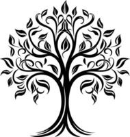 Elegant black and white silhouette of a stylized tree with intricate branches and leaves vector