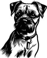 A striking black and white illustration of a border terrier, showcasing its distinctive features and playful spirit vector