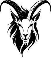A bold and striking black and white silhouette of a mountain goat's head with long horns, perfect for tattoo designs, logos, and branding vector