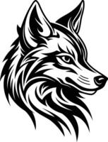 Black and white illustration of a wolf's head in a tribal style, perfect for tattoos, branding, or t shirt designs vector