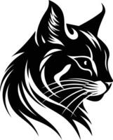 A bold, black and white illustration of a cat's head, ideal for tattoo designs, branding, or as a graphic element vector