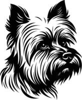A striking black and white illustration of a yorkshire terrier's head, capturing its distinctive fur and soulful expression vector