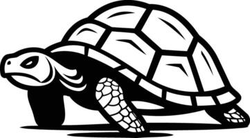 Black and white illustration of a turtle walking, with a detailed shell vector
