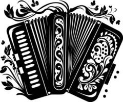 A stylish and intricate black and white illustration of an accordion adorned with floral patterns, perfect for music themed designs vector