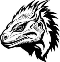 Black and white element illustration of a fierce iguana head with detailed scales and sharp teeth, perfect for tattoos, branding, and designs that require a powerful and wild aesthetic vector
