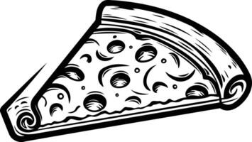 Black and white illustration of a single slice of pizza, perfect for use in menus, food blogs, or social media vector
