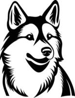 A striking black and white illustration of a siberian husky's face, capturing the breed's distinctive features and captivating personality vector