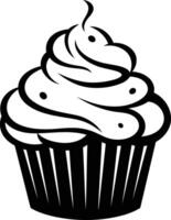 A simple, classic black and white illustration of a cupcake with swirls of frosting vector