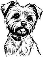A charming black and white illustration of a small dog, possibly a yorkshire terrier or a shih tzu, looking up with a happy expression vector