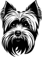 A bold and stylish black and white illustration of a yorkshire terrier's face, perfect for pet lovers, dog breed enthusiasts, and branding projects vector