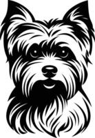 A black and white illustration of a yorkshire terrier's head, featuring a detailed, stylized design vector