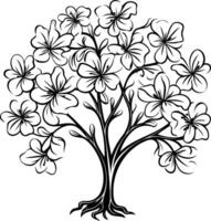 A delicate and intricate black and white illustration of a blossoming tree vector