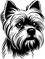 A bold and expressive black and white illustration of a yorkshire terrier's head, perfect for pet related designs, branding, or even tattoo art vector