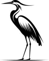 Black and white silhouette of a heron, standing tall with elegant lines and simple design vector