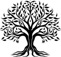 A stylized, black and white illustration of a majestic tree with intricate branches and deep roots, perfect for symbolizing growth, family, or the interconnectedness of life vector
