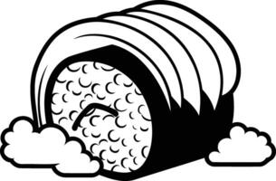 Black and white illustration of a sushi roll with a stylized, cartoonish design vector