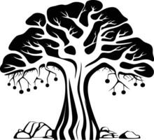 Black and white illustration of a stylized tree with intricate branches and a thick trunk, perfect for tattoos, logos, or decorative designs vector