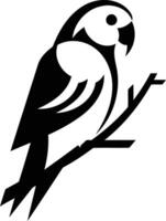 A stylized black and white illustration of a parrot perched on a branch vector