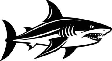 A fierce black and white illustration of a shark with sharp teeth and a streamlined body, perfect for tattoo designs, logo concepts, or any project needing a powerful and dangerous visual vector
