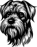 Black and white illustration of a cute, scruffy dog with a serious expression vector