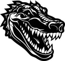 A fierce and detailed black and white illustration of a snarling alligator head vector