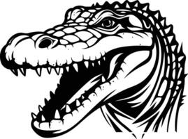 Black and white element illustration of a fierce alligator head with sharp teeth, perfect for tattoo designs, t shirt prints, and more vector