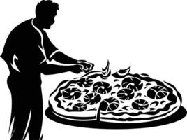 A simple silhouette of a pizza chef slicing a delicious pizza vector