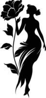 Elegant silhouette of a woman in a flowing gown, gently touching a flower vector