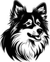 A striking black and white illustration of a dog's head, captured in a simple, yet powerful style vector