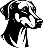 A striking black and white illustration of a doberman pinscher's head, captured in a powerful and dynamic pose vector
