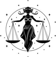 A stunning black and white illustration of the astrological symbol for libra, featuring a celestial figure holding scales against a starry background vector