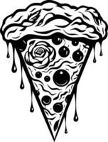 A bold, black and white illustration of a dripping pizza slice with a rose in the center vector