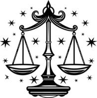 A bold and intricate black and white illustration of a libra zodiac sign, featuring a scale with stars surrounding it vector